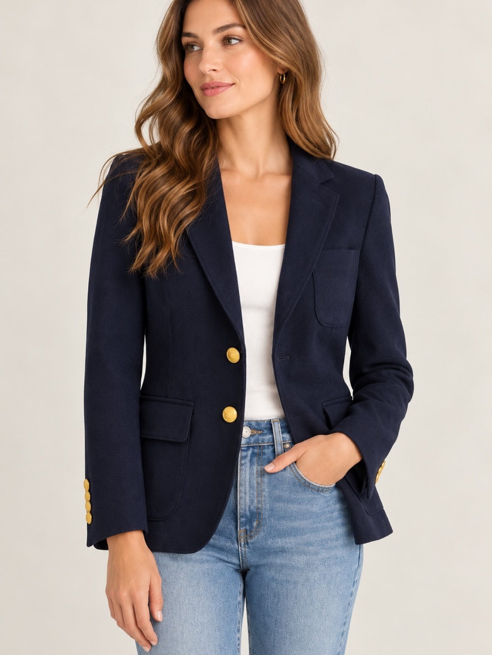 Classic Navy Women's Blazer with Gold Buttons